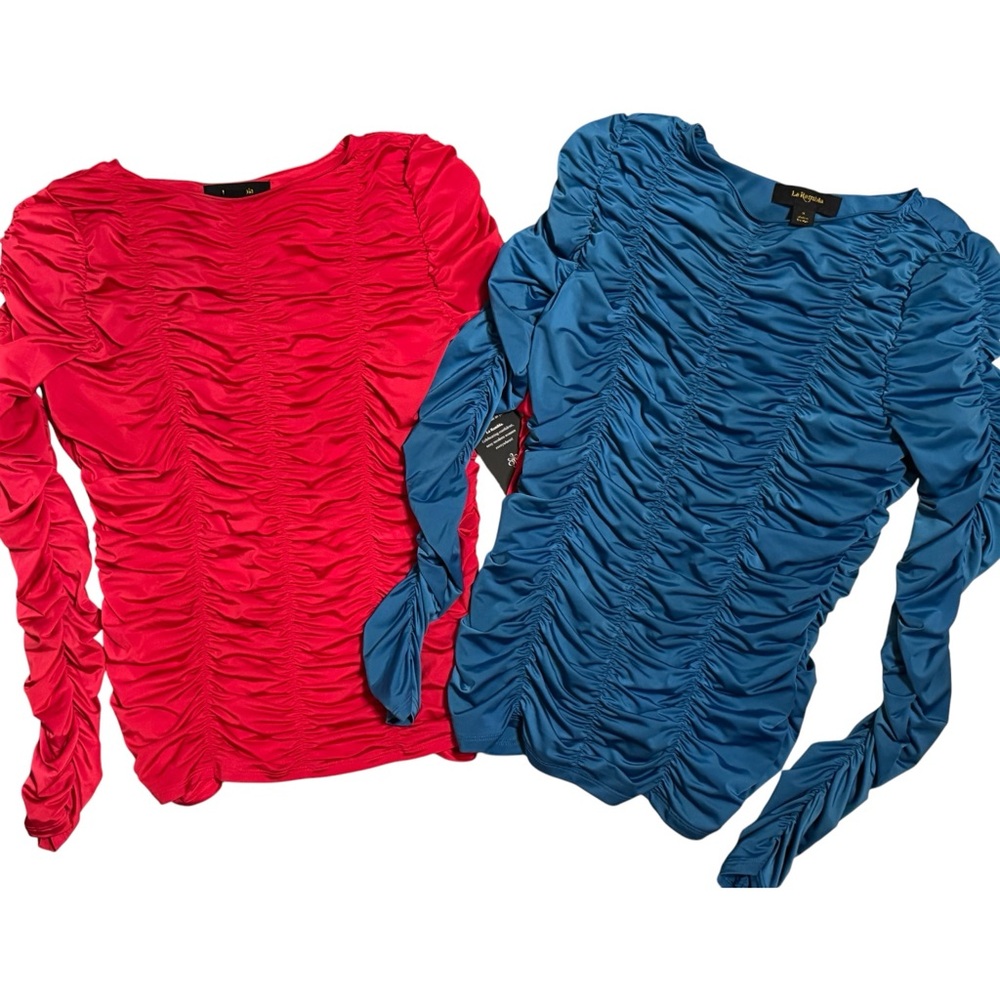Lot of 2 La Rambla Blue & Pink Ruched Long-Sleeve Tops